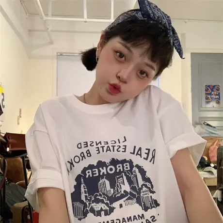 红续港风复古小个子纯棉宽松短袖T恤女2023夏季新款学生百搭上衣图片