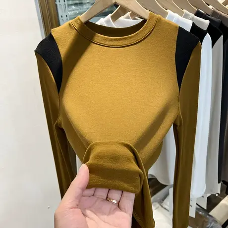 欧货拼色柔软长袖T恤女2022春装新款洋气修身打底衫ins上衣商品大图