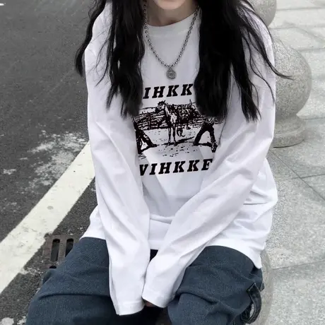 2023新款纯棉长袖T恤女早秋季百搭宽松显瘦打底衫学生休闲上衣服商品大图