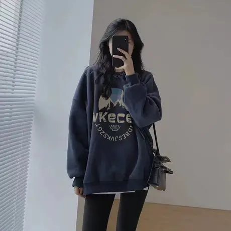 oversize银狐绒卫衣女秋冬季加绒加厚ins潮牌设计感宽松大码外套图片