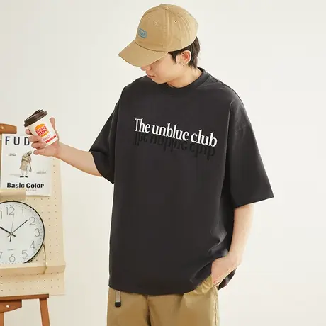 300g全棉重磅面料日系潮牌夏季撞色字母宽松白色短袖T恤男图片