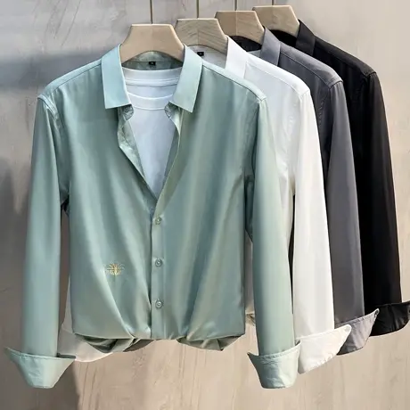 春秋季衬衫男长袖蜜蜂刺绣休闲商务职业衬衣2023新款潮流修身白色商品大图