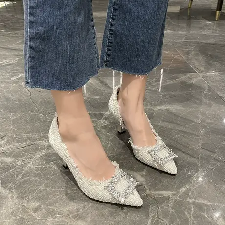 赫本风单鞋女2023新款百搭法式尖头浅口细跟温柔配裙子高跟鞋凉鞋图片