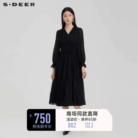 sdeer圣迪奥女装V领木耳边压褶雪纺长袖连衣裙S231Z1287图片