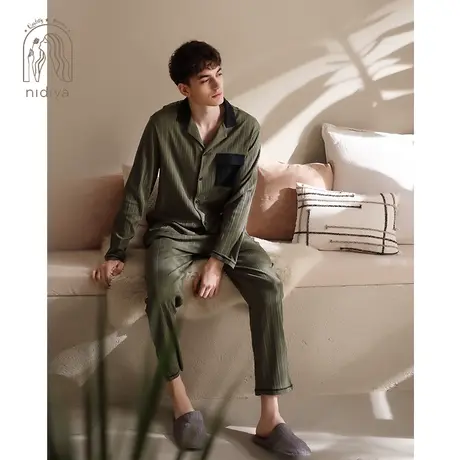 妮狄娅睡衣男士春秋季纯棉长袖翻领开衫时尚暗条纹家居服套装商品大图