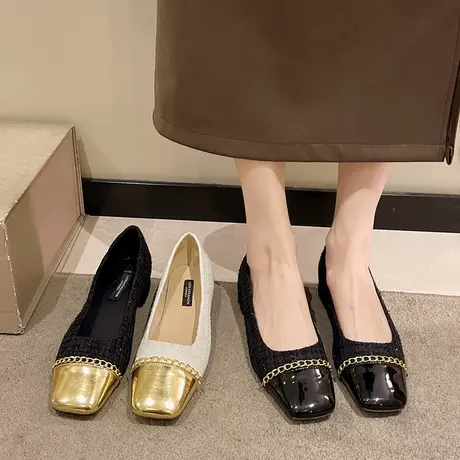 单鞋女2024春秋新款网红ins一脚蹬豆豆鞋女复古方头粗跟高跟鞋女图片