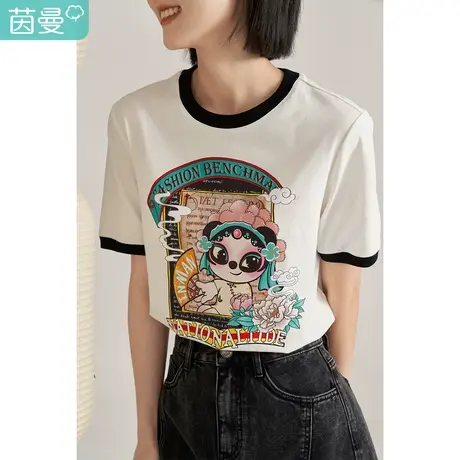 茵曼国潮印花T恤女士2023夏季新款BF风宽松显瘦圆领套头国风上衣图片