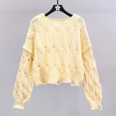 破洞镂空针织衫女春季2023新款韩版宽松慵懒风时尚短款两件套上衣图片