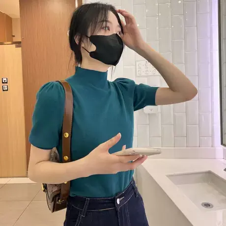 2023初秋季新款半高领针织衫女中袖修身纯色打底T恤衫法式上衣潮图片