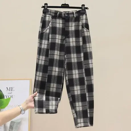 格子裤女宽松阔腿2023春秋新款小个萝卜哈伦裤休闲运动束脚裤女潮商品大图