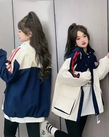 2023新款工装春秋款短款拼接外套女韩版夹克休闲上衣休闲外套女装商品大图