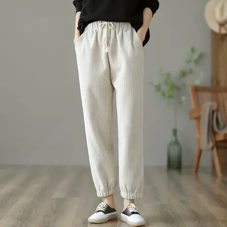 dza 复古高腰雪尼尔长裤休闲裤子女新款秋冬百搭直筒裤系绳哈伦裤商品大图