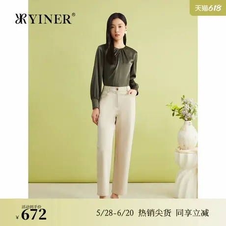 YINER音儿春季法式优雅斜纹简约垂感米白直筒牛仔长裤图片