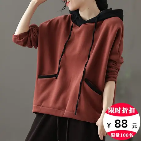 dza 复古短款加绒卫衣外套女士冬装新款宽松休闲套头连帽长袖上衣商品大图