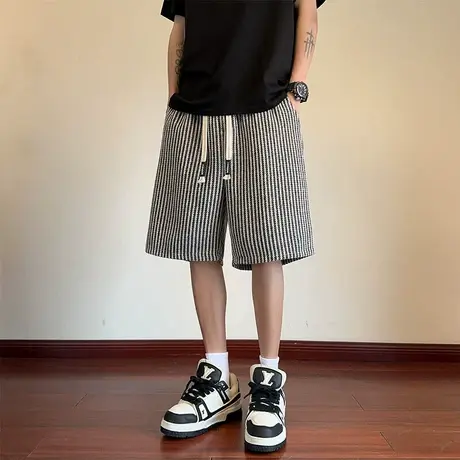 美式复古针织条纹短裤男夏外穿休闲宽松五分裤潮牌运动小香风中裤商品大图