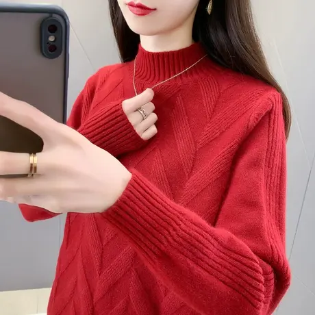 半高领毛衣女士套头2023年秋冬新款韩版纯色宽松针织打底衫上衣潮商品大图