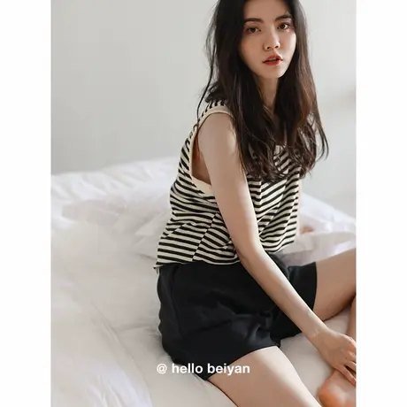贝妍睡衣女夏薄款纯棉背心短裤家居服休闲条纹显瘦凉爽棉运动套装商品大图