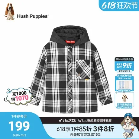 暇步士童装男童夹棉衬衫秋冬新款大童连帽保暖衬衣儿童格纹厚外套商品大图