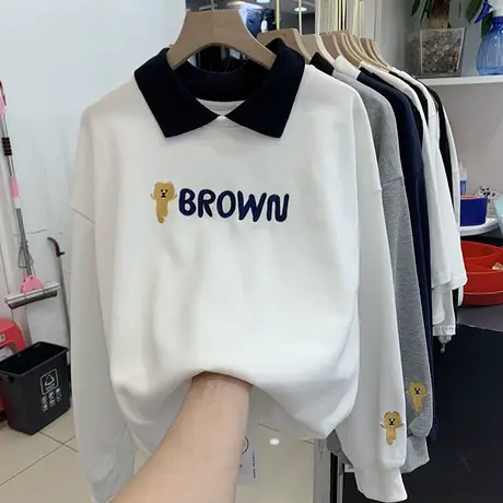 欧货翻领字母白色卫衣女春秋薄款设计感时尚bf慵懒风外套宽松上衣商品大图