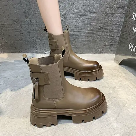 厚底马丁靴小个子女鞋内增高2023年秋冬季新款爆款烟筒切尔西短靴图片