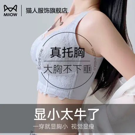 猫人内衣女大胸显小全罩杯防下垂收副乳夏季薄款透气蕾丝文胸罩商品大图