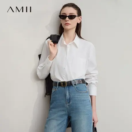 Amii2025秋新款极简纯色梭织斜纹全棉宽松中长设计感长袖衬衫女图片