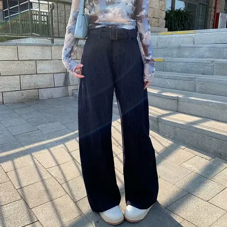 尔给早春原色蓝复古直筒阔腿牛仔裤女百搭显瘦高腰时尚宽松拖地裤商品大图