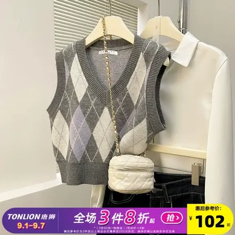 唐狮2025秋冬毛衣女复古温柔菱格设计V领套头马甲外穿高级感百搭商品大图