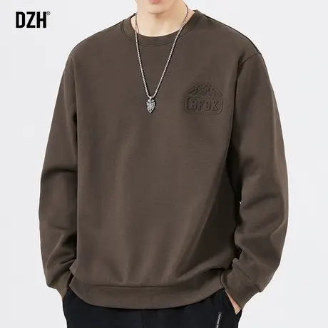 男生美式重磅卫衣男春秋款圆领潮牌长袖咖色上衣宽松男装2023新款商品大图