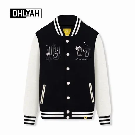 Ohlyah品牌美式潮流花卉英文印花棒球服外套男女同款情侣开衫夹克商品大图