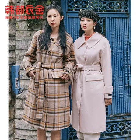 韩都衣舍2023秋冬女装新款大衣女装复古格子双面呢中长款毛呢外套图片