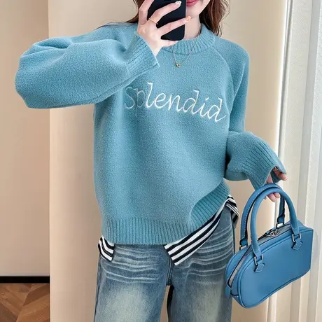 唐狮秋冬季毛衣女超好看温柔风简约字母设计圆领温柔系套头TM图片