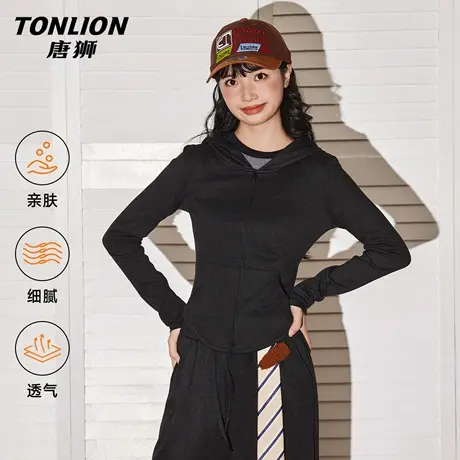 唐狮官方黑色外套女2026新款春秋款小个子收腰显瘦初春连帽上衣VB图片