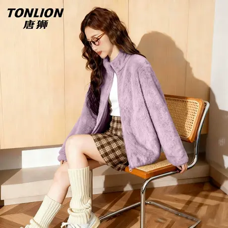 唐狮紫色加绒外套女2026新款冬季小个子加厚摇粒绒立领开衫上衣VB图片