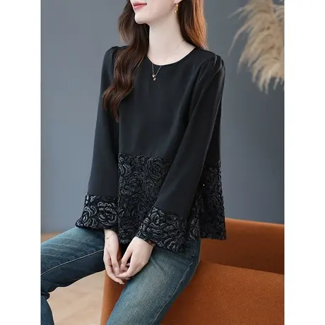 宝诗黎圆领亮片拼接正肩长袖雪纺衫女早秋宽松套头衬衣2023年新款商品大图