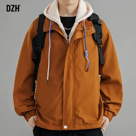 男士美式假两件外套男秋季高级感痞帅2023新款运动连帽夹克飞行服商品大图