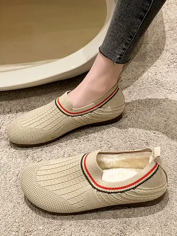 飞织加绒单鞋女2023冬季新款软平底百搭一脚蹬妈妈鞋懒人鞋豆豆鞋商品大图