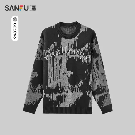 三福2023冬男士字母绣花斑驳扎染毛衣 潮流宽松圆领上衣477962商品大图