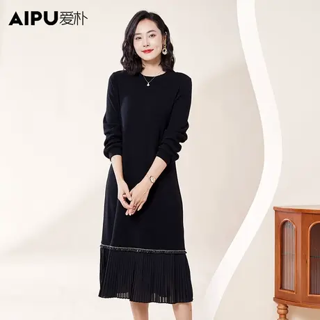 爱朴时髦大码女装2023冬季新款胖mm法式休闲设计感收腰修身连衣裙图片