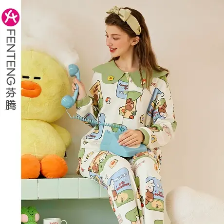 芬腾布朗熊睡衣女春秋季纯棉长袖套装可爱宽松休闲大码全棉家居服商品大图