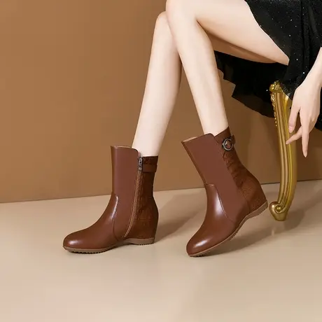 全牛皮短靴女2023年秋冬季新款马丁靴真皮靴子平底内增高中筒女靴商品大图