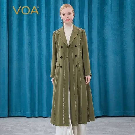 VOA30姆米重磅真丝芥末绿戗驳领双排扣白色拱针盖袋桑蚕丝外套商品大图