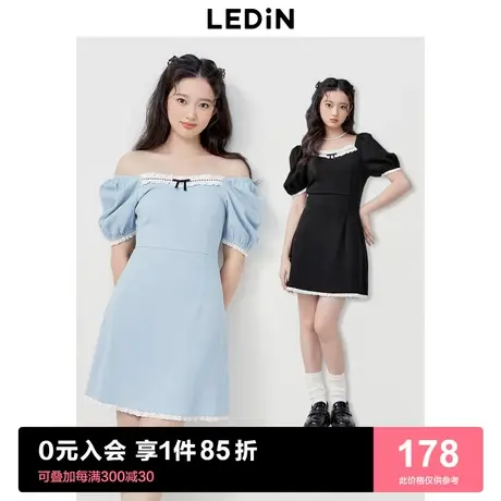乐町甜美方领修身连衣裙2023春夏法式收腰通勤小黑裙商品大图
