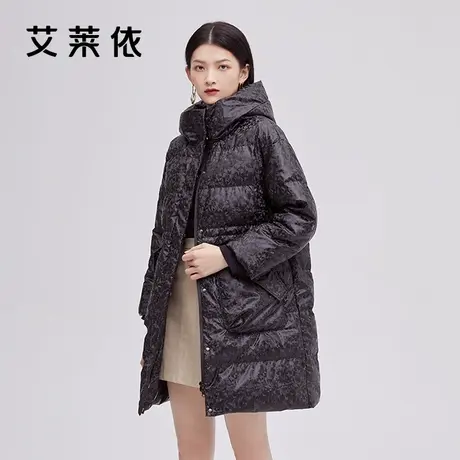 艾莱依新品羽绒服女冬季鸭绒保暖时尚黑色气质高端外套潮修身长款商品大图