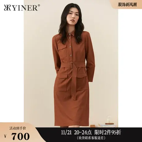 YINER音儿女装冬季衬衫领系带羊毛呢连衣裙图片