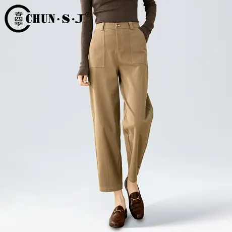 裤子女秋冬2023新款卡其色休闲加绒大码胖mm阔腿宽松九分工装裤商品大图