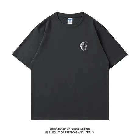 简约趣味挖月球印花短袖T恤男夏季青少年纯棉宽松休闲半袖体恤衫图片