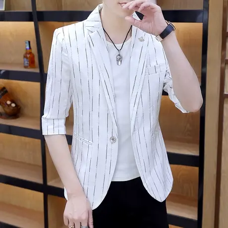 男士条纹中袖小西装夏天薄款修身百搭单上衣英伦男装潮流痞帅西服商品大图