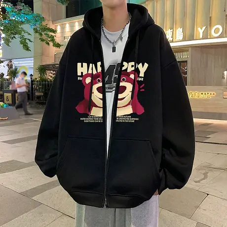 草莓小熊连帽卫衣外套男ins潮牌春秋季拉链开衫国潮宽松帽衫休闲商品大图