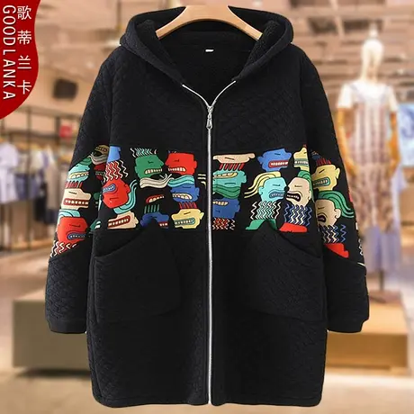 大码女装胖妈妈秋冬夹棉棉衣中年人洋气加绒加厚连帽棉服棉袄外套图片